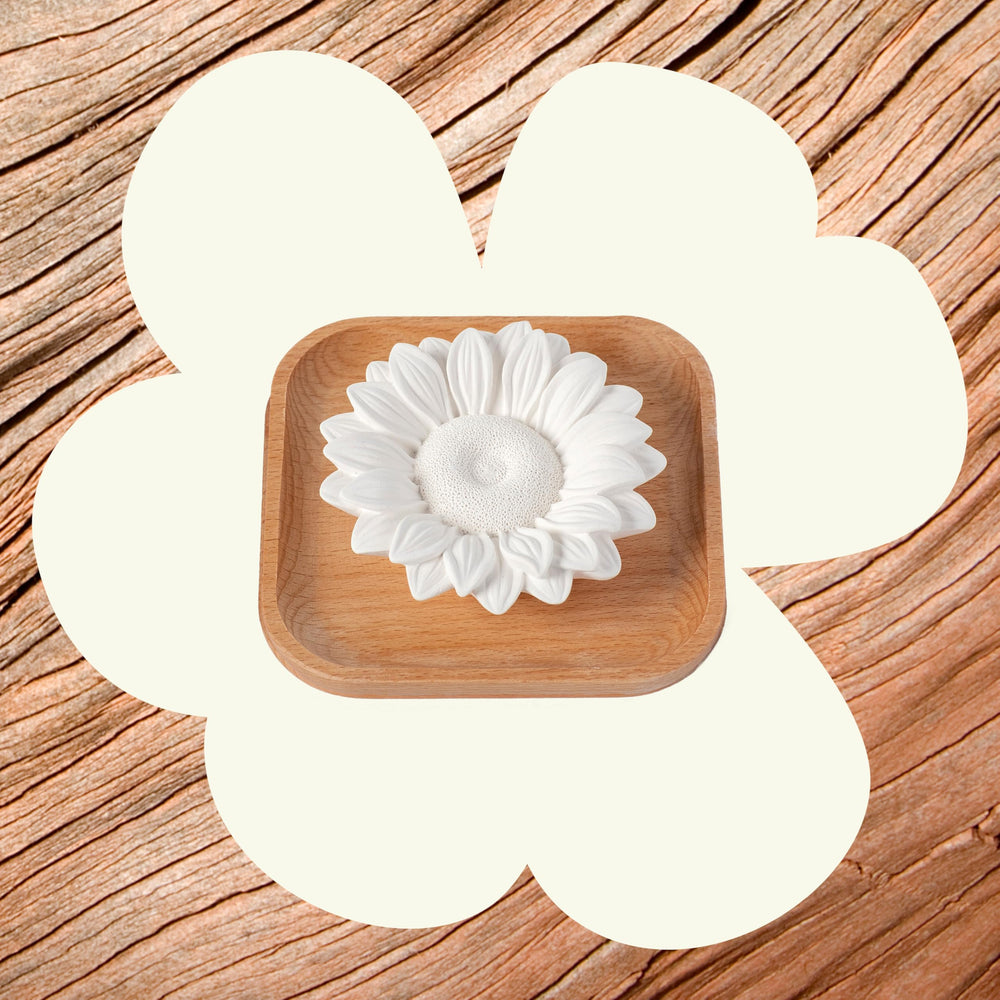 Sunflower diffuser side view showing natural wood base