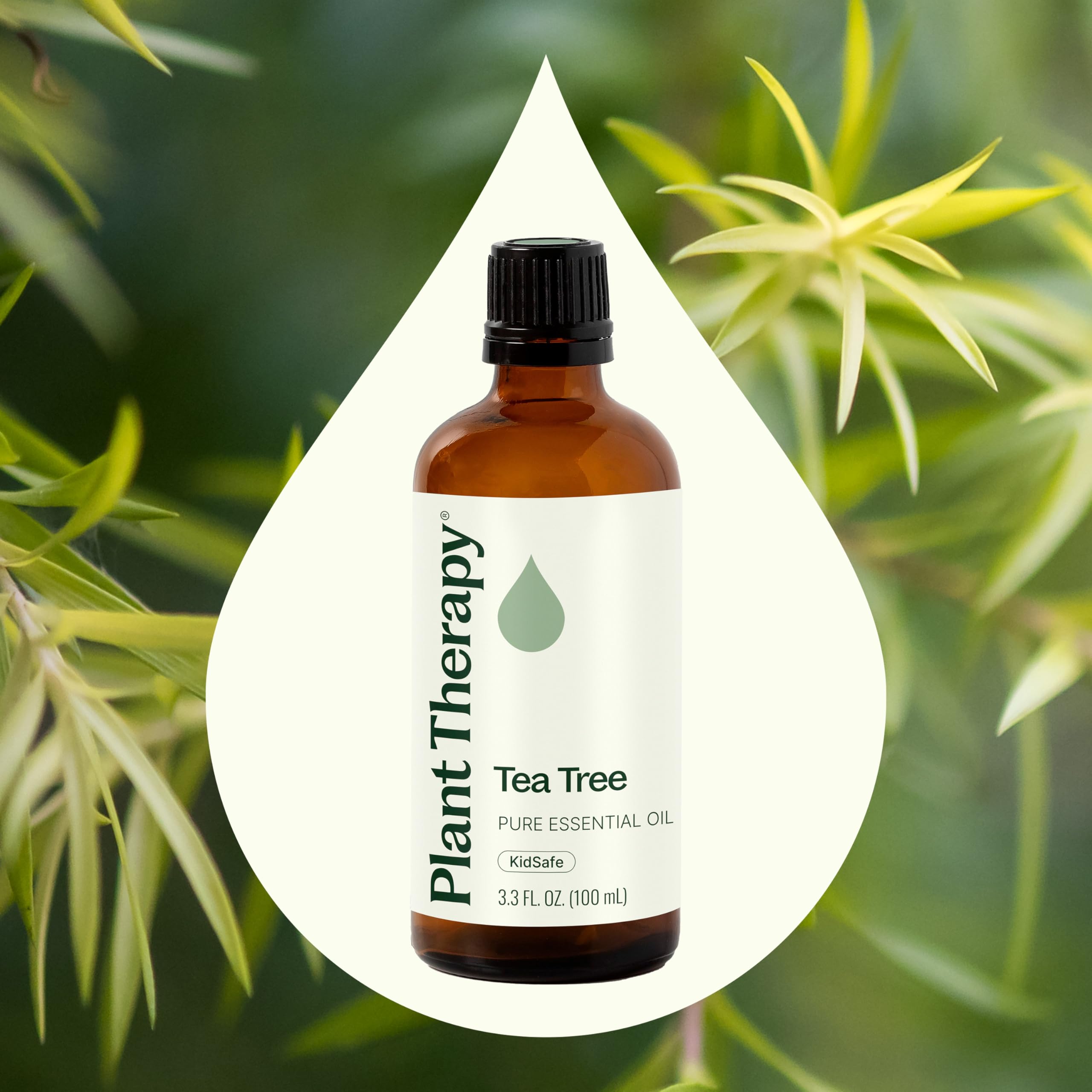 Tea Tree Oil bottle resting on natural wood surface