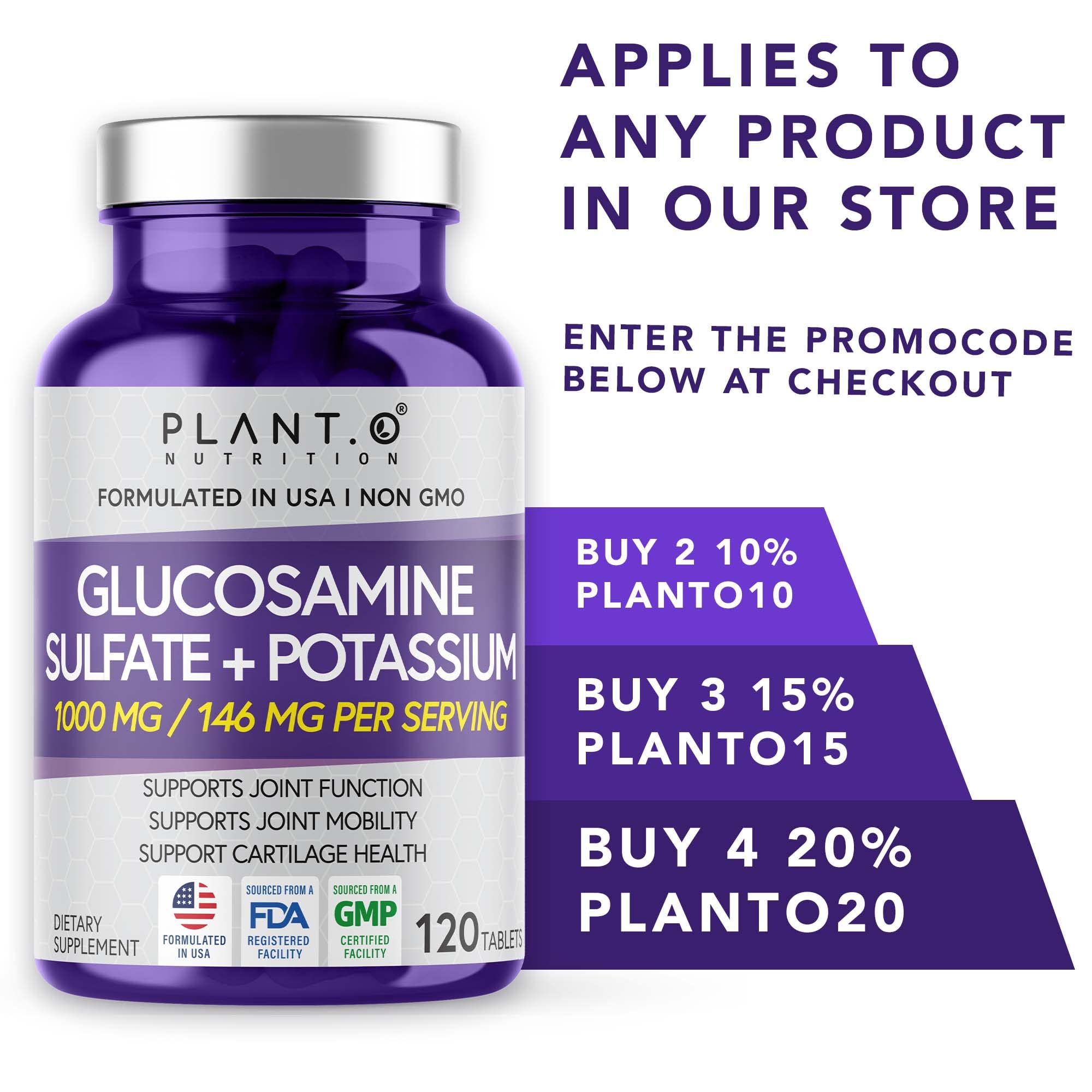 120-tablet bottle of PLANT.O NUTRITION Glucosamine Sulfate with Potassium