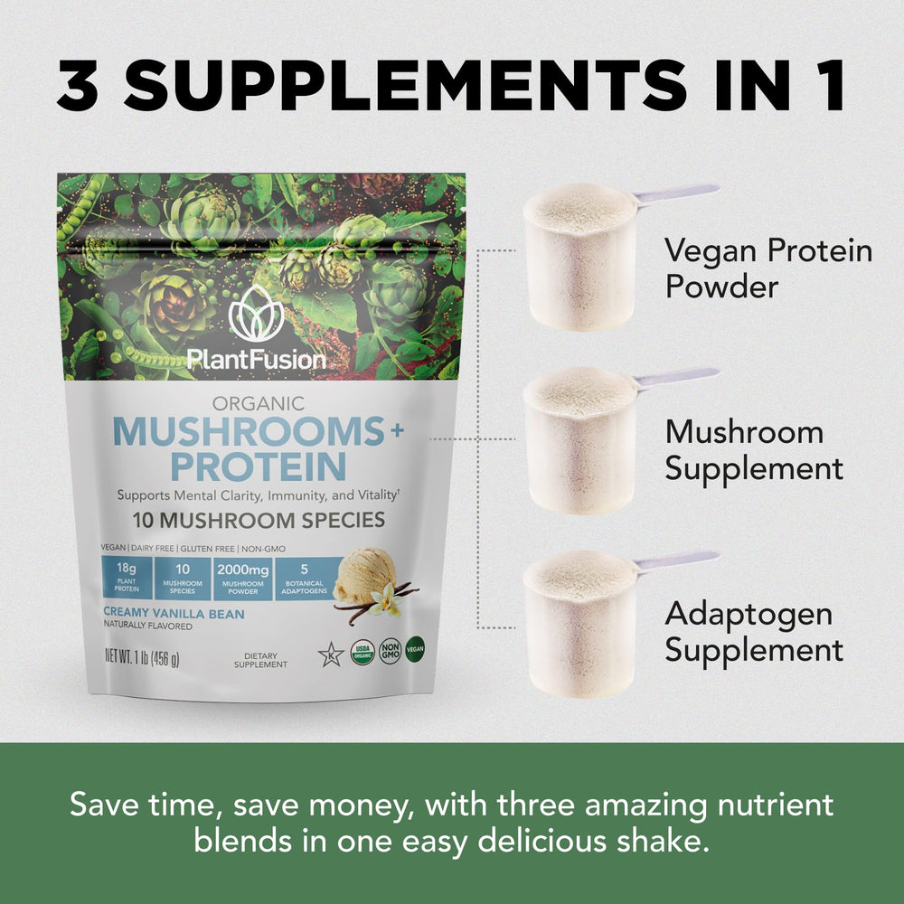 Graphic showing the 3 in 1 mushroom protein and adaptogens