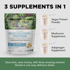 Graphic showing the 3 in 1 mushroom protein and adaptogens