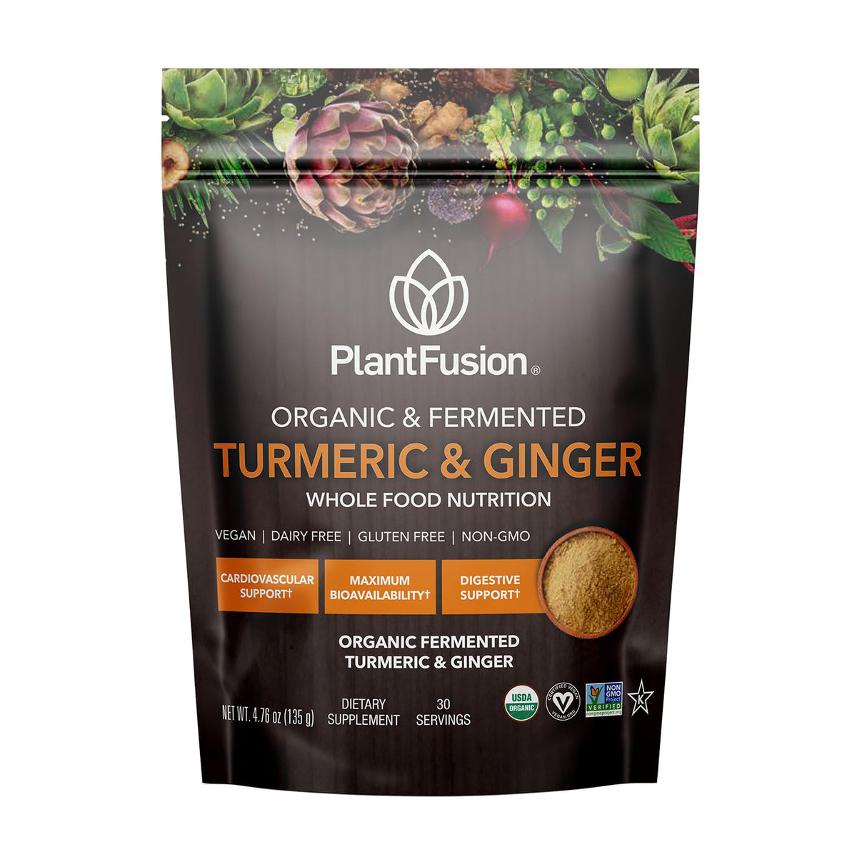 Front view of PlantFusion Turmeric & Ginger Drink Mix package