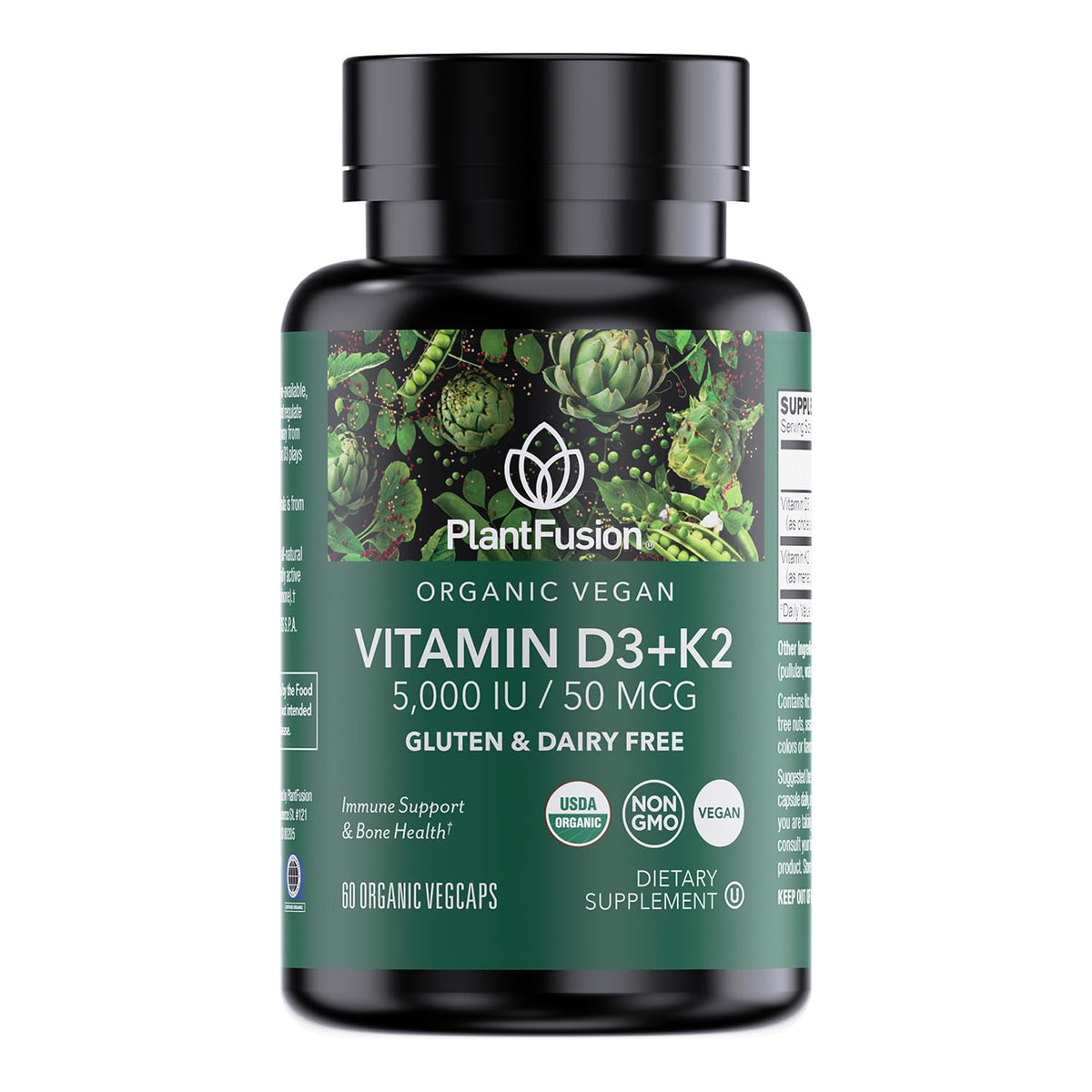 Product hero image: PlantFusion Organic Vegan Vitamin D3 + K2 5,000 IU, 60 capsules