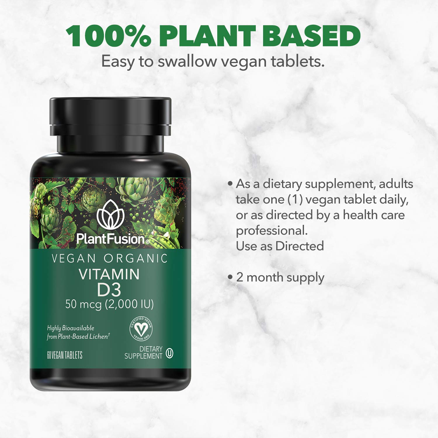 Close-up of PlantFusion Vitamin D3 2000IU label