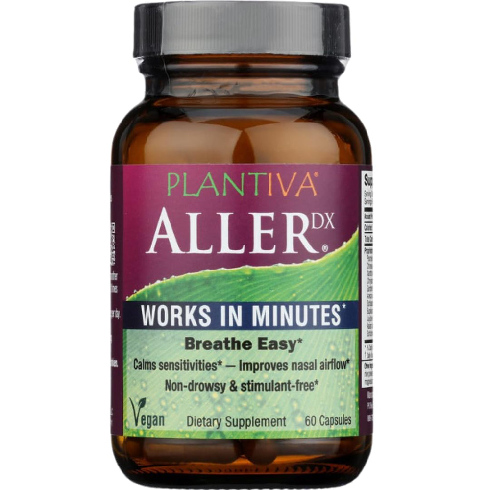 Plantiva AllerDx bottle front, emphasizing non-drowsy, fast-acting respiratory support.