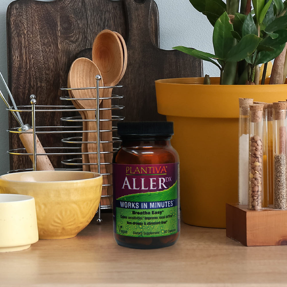 Plantiva AllerDx eco-packaging with pollen-season visuals promoting clean ingredients.