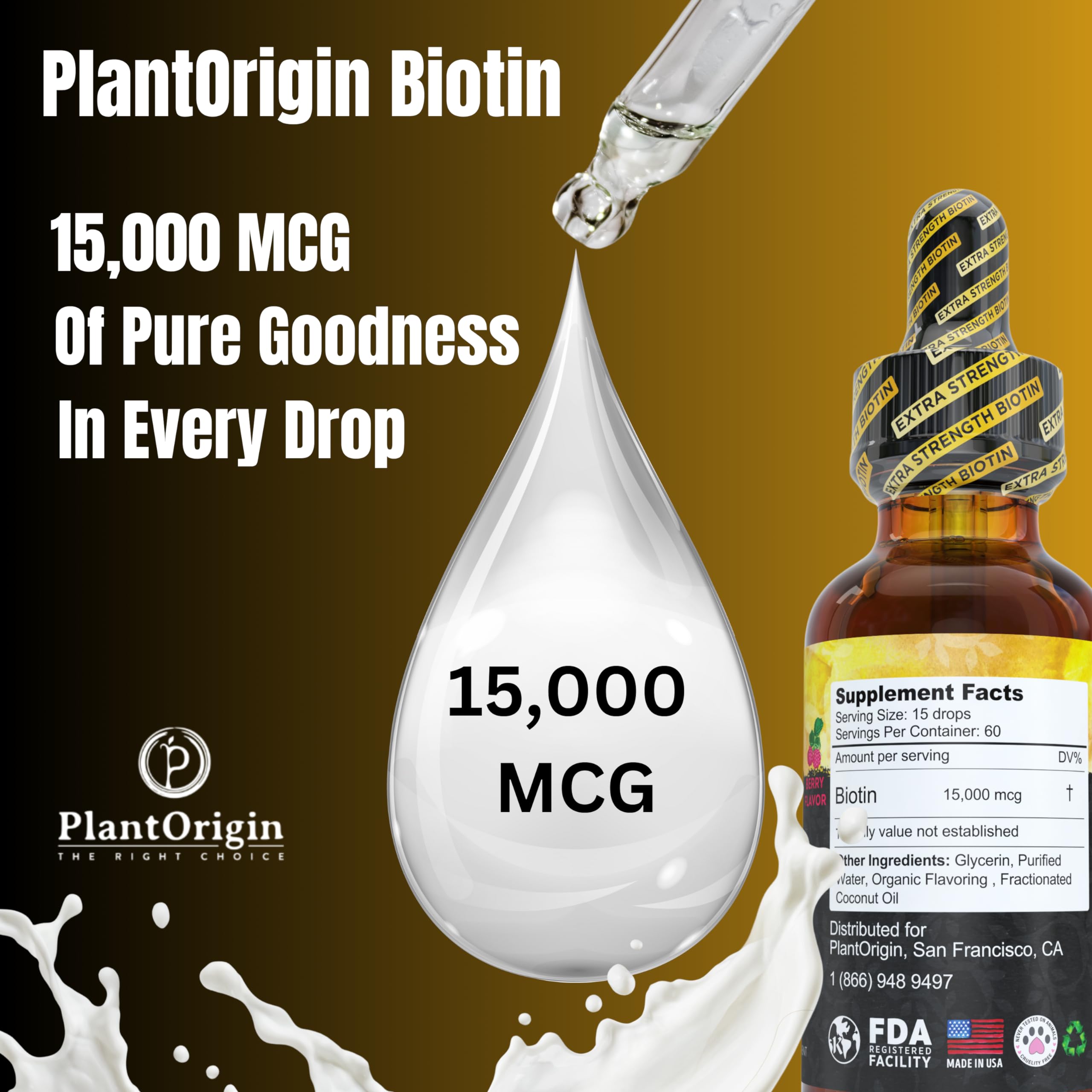 PlantOrigin Biotin Liquid bottle label showing 15,000 MCG