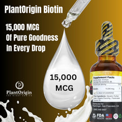 PlantOrigin Biotin Liquid bottle label showing 15,000 MCG