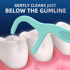 Close-up of floss removing plaque between teeth