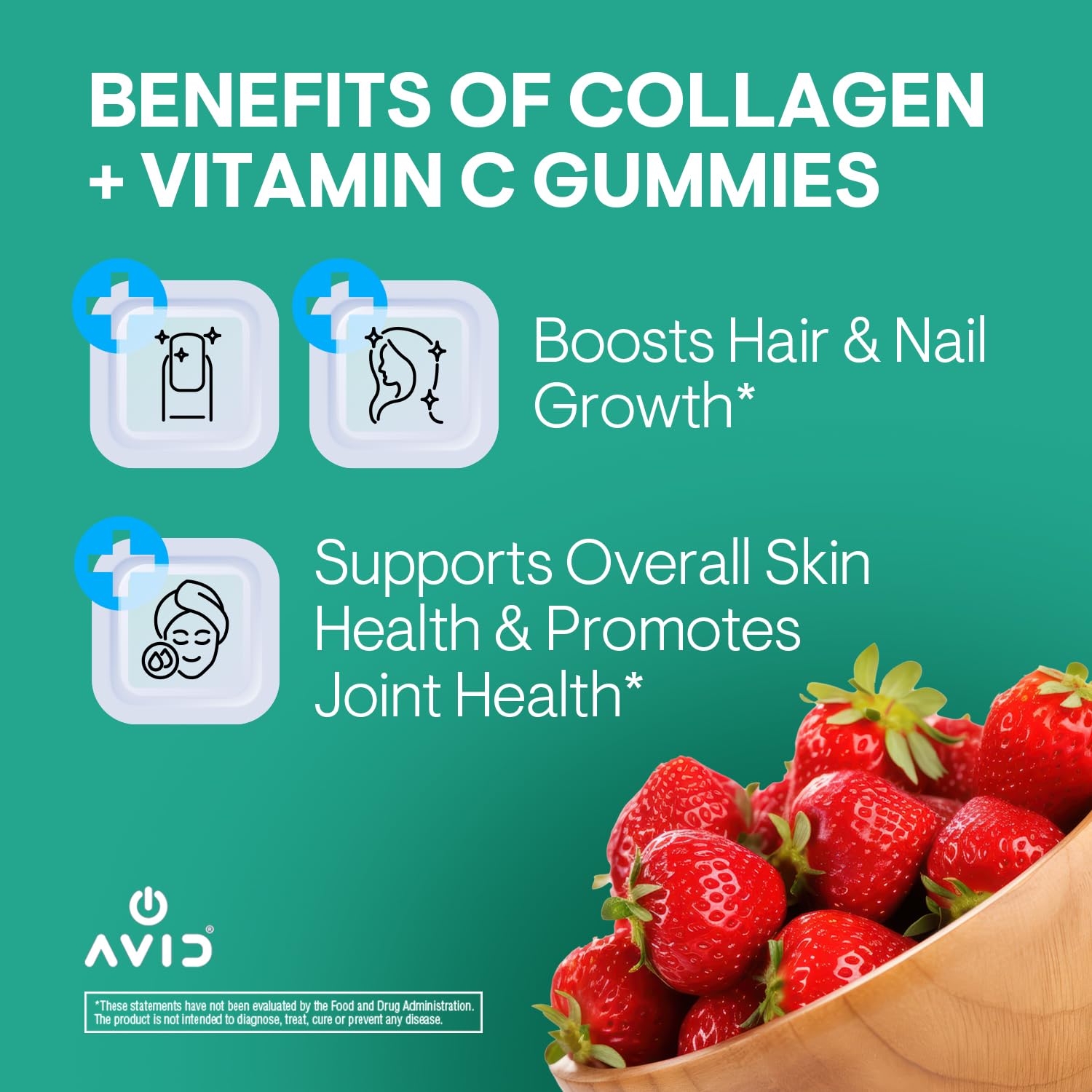 Illustration of benefits: improved skin elasticity, hair strength, nails and joints