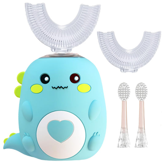 Playiko kids U-shaped toothbrush with dinosaur design front view