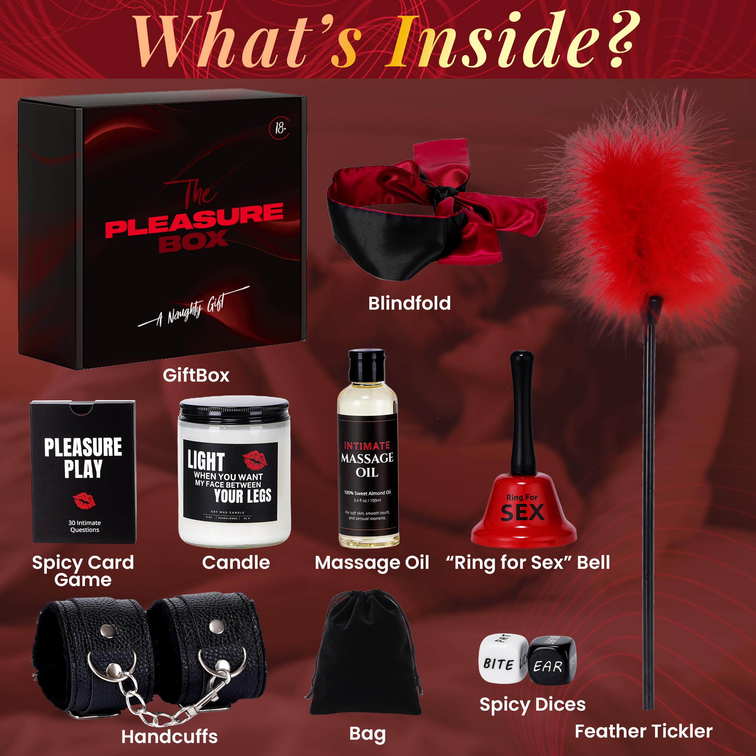 Open packaging of the Pleasure Box showing items inside.