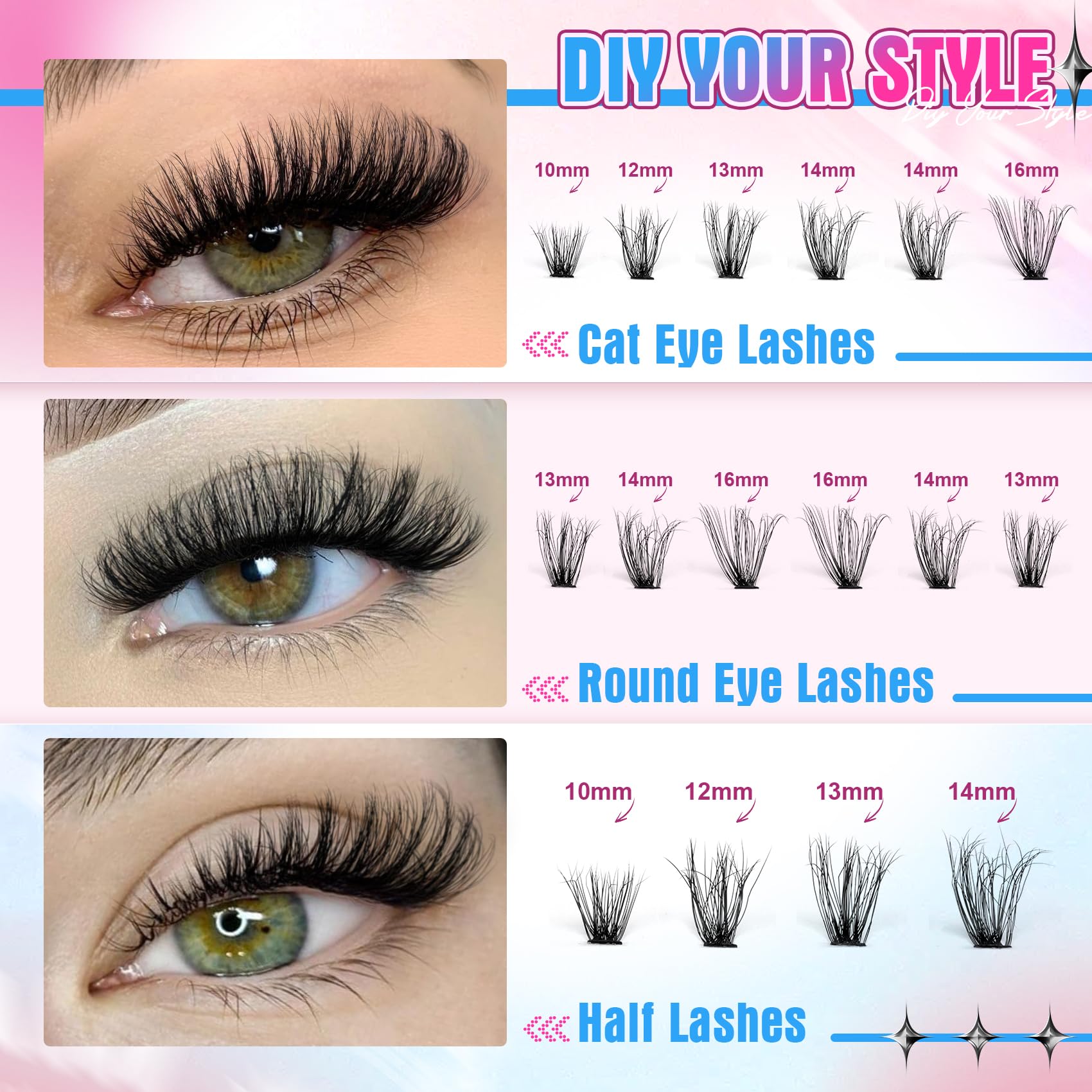 Pleell 6D fluffy lash clusters for a dense, wispy finish.