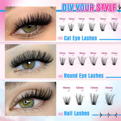 Pleell 6D fluffy lash clusters for a dense, wispy finish.