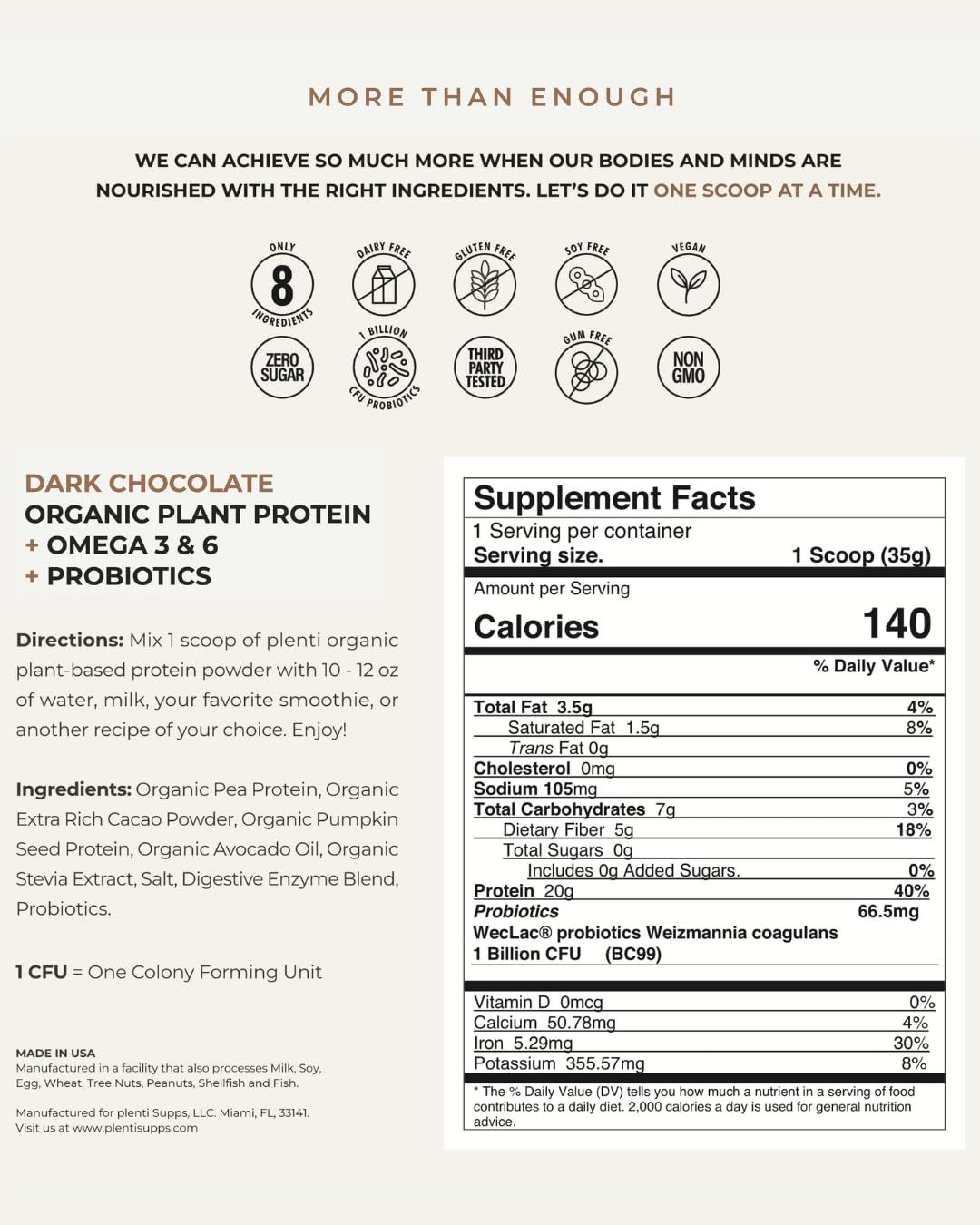 Nutrition facts panel for plenti Dark Chocolate protein powder