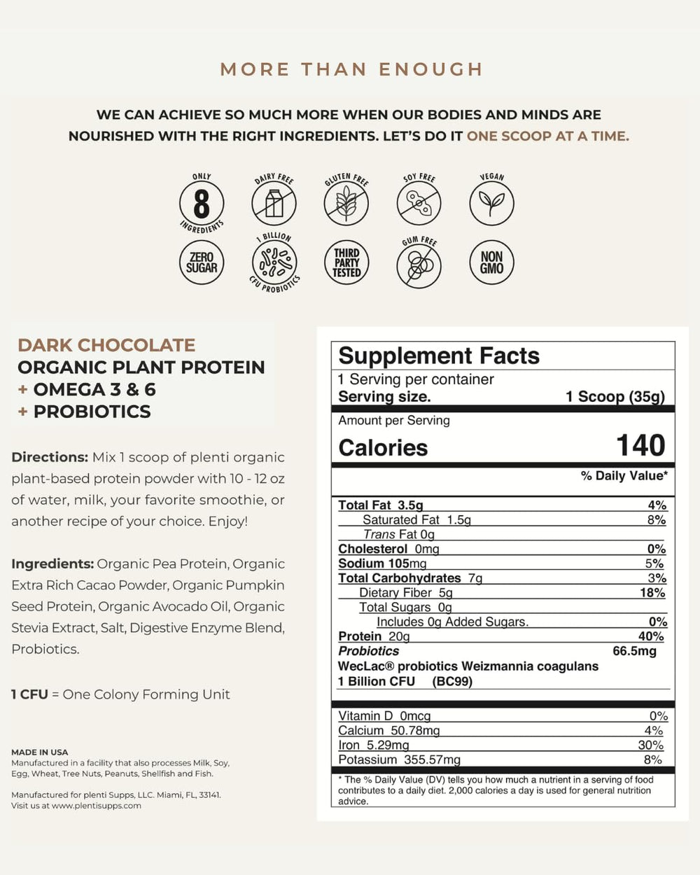 Nutrition facts panel for plenti Dark Chocolate protein powder
