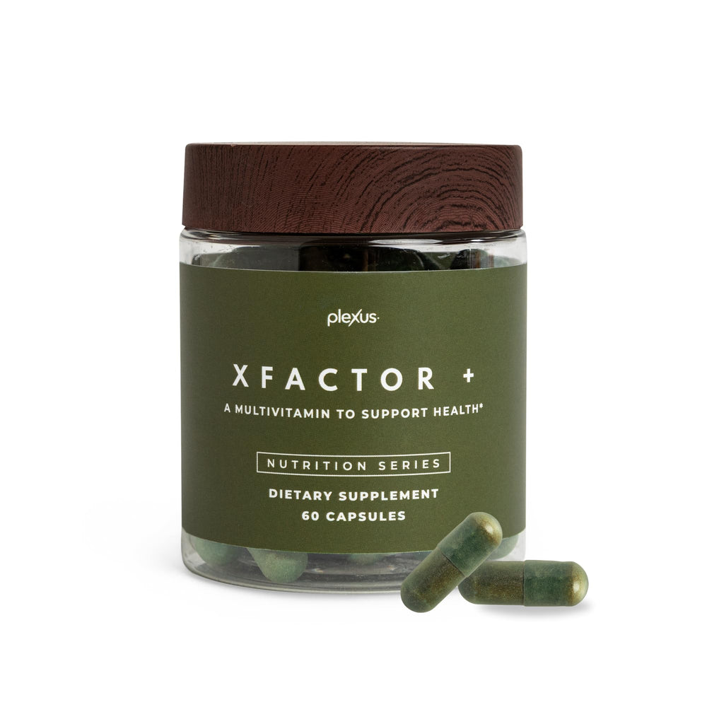 Plexus Xfactor+® bottle with capsules on a white background