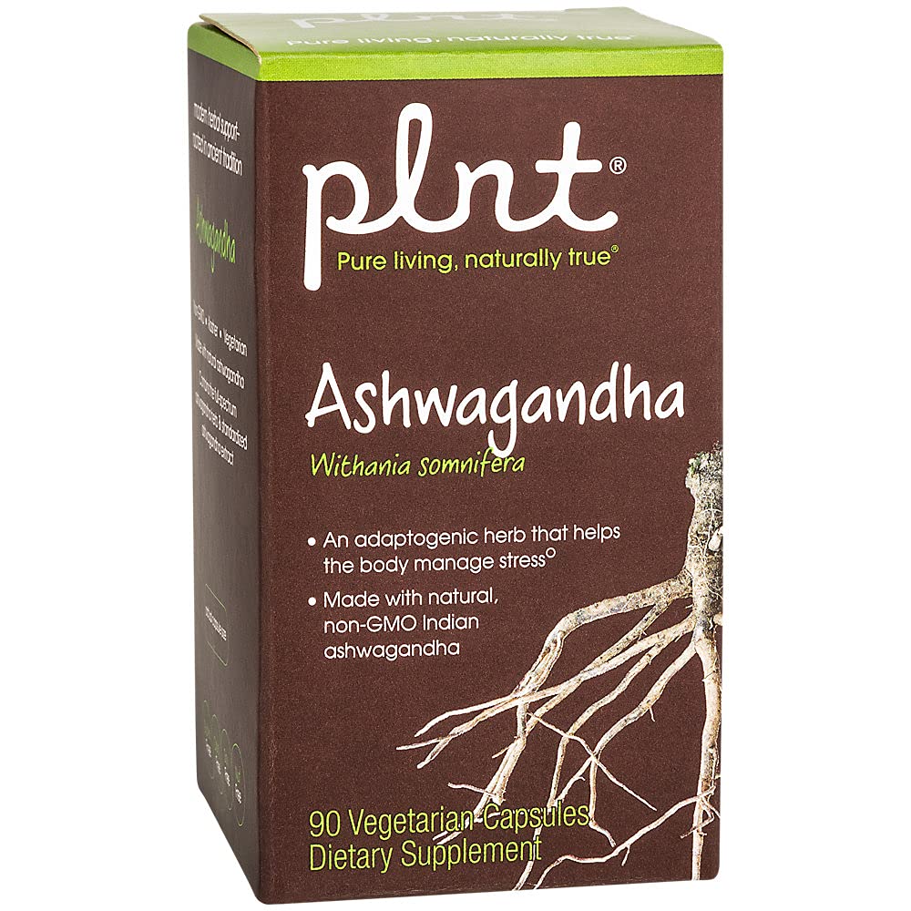 plnt Ashwagandha bottle showing 380 mg per serving, 90 veggie capsules