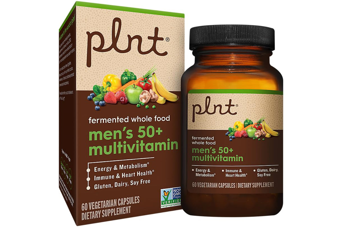 Front view of plnt Fermented Whole Food MenaTMs 50+ Multivitamin bottle