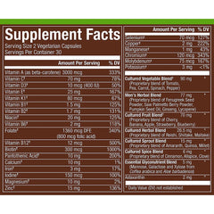 Nutrition facts panel for plnt Fermented Whole Food MenaTMs 50+ Multivitamin