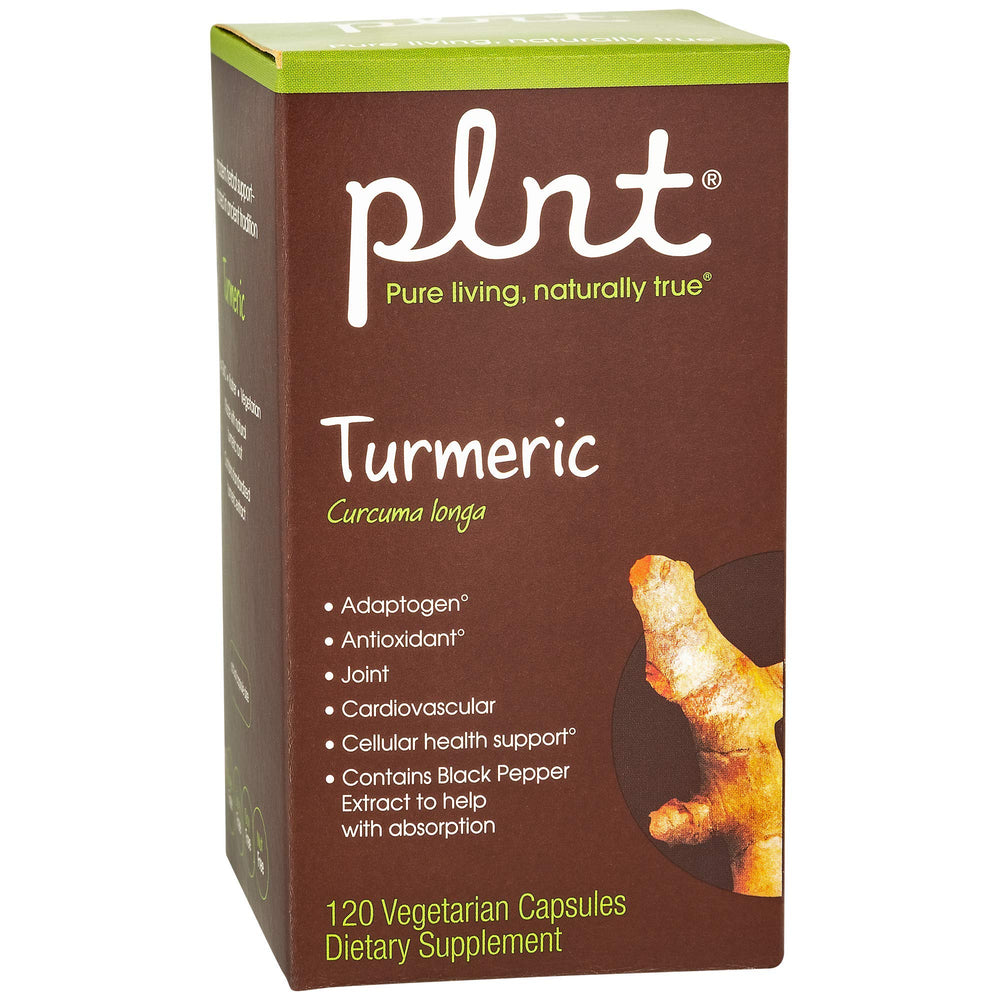 plnt Turmeric bottle label with 120 vegetarian capsules
