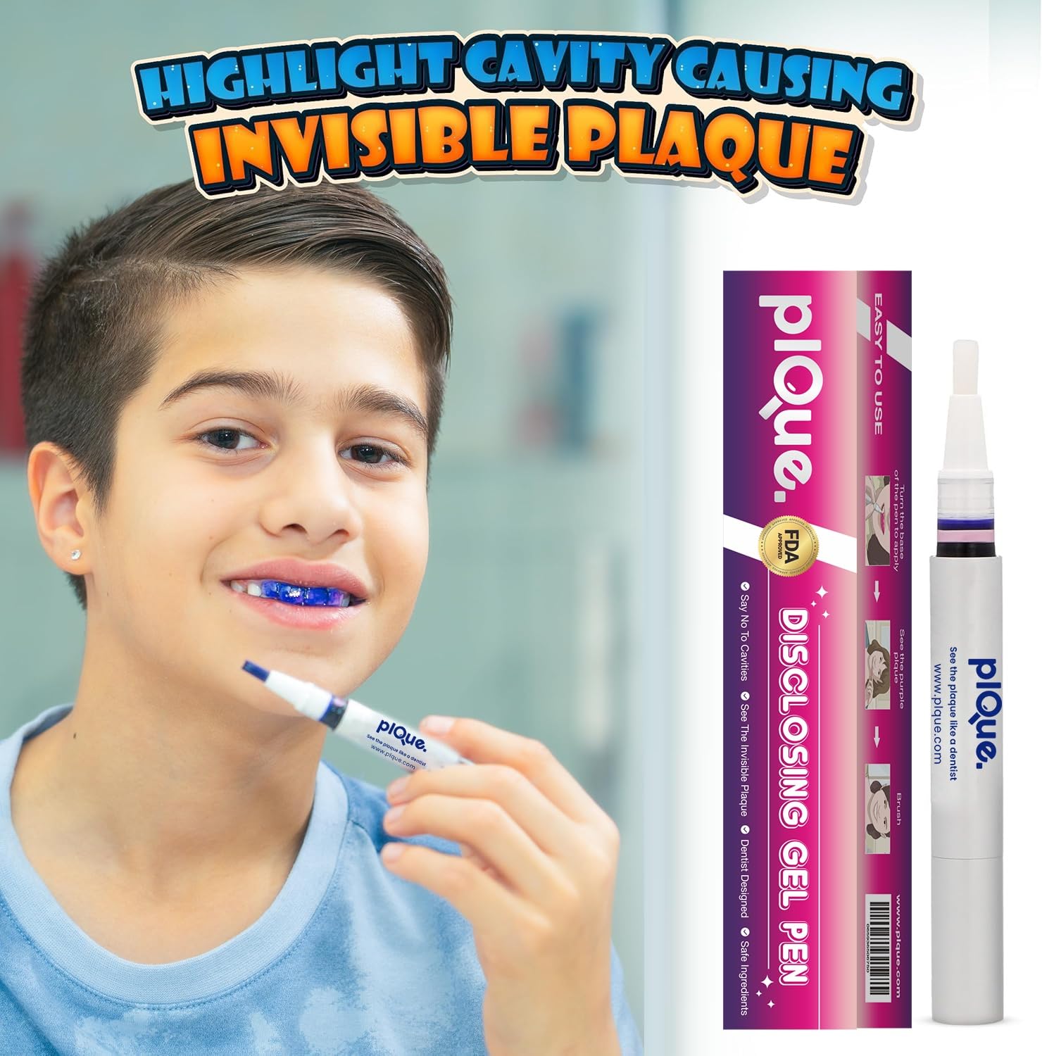 Child brushing after plaque reveal with PLQUE pen