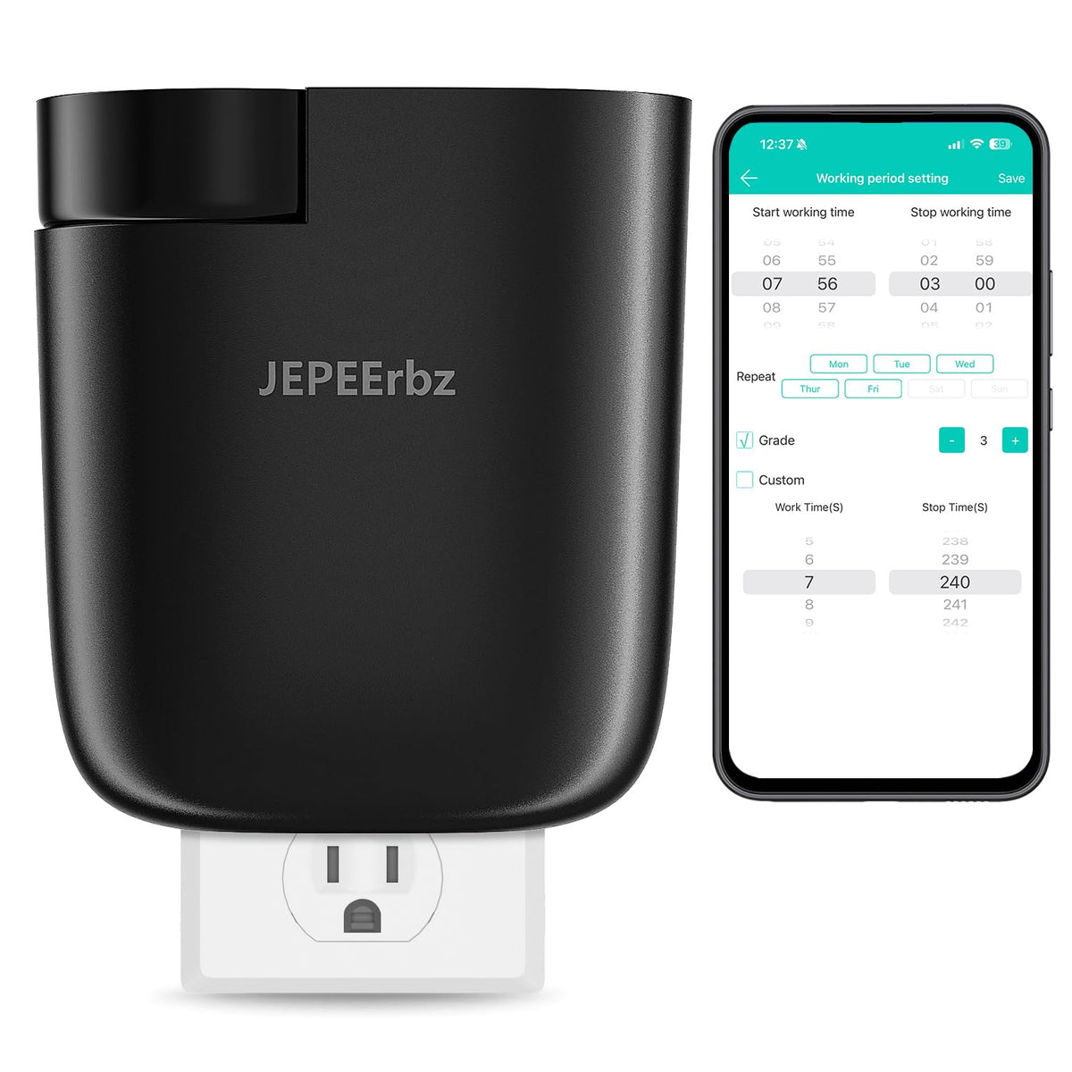 Black plug-in diffuser emitting mist near a power outlet