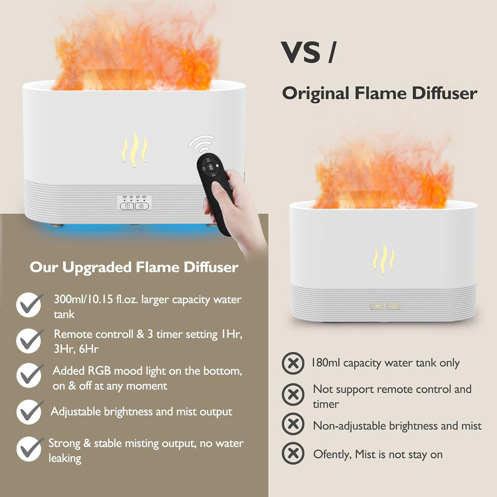 PLUWEL Flame Diffuser 300ML in bedroom with warm RGB light