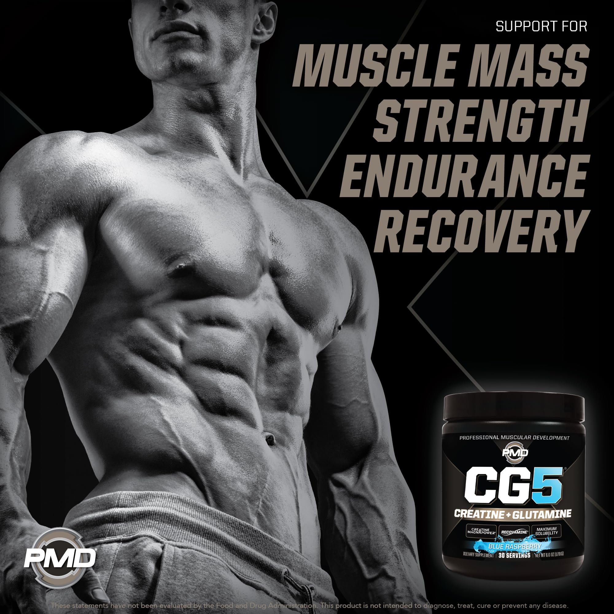 PMD CG5 blue raspberry label closeup highlighting MagnaPower and creatine forms.