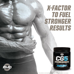 PMD CG5 blue raspberry recovery shot post-workout with tub and glass.