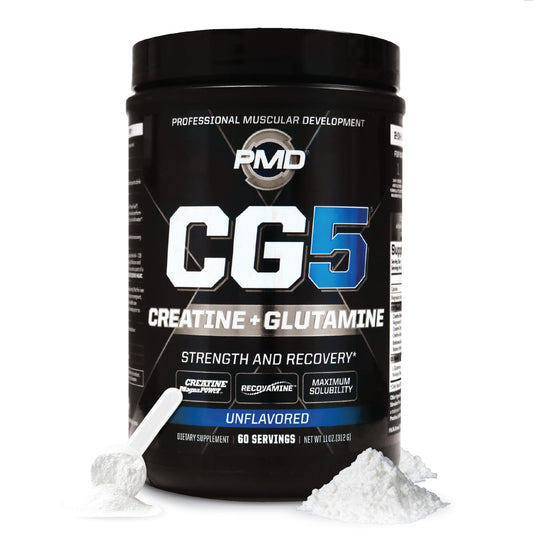 PMD Sports CG5 Creatine & L-Glutamine powder canister with scoop