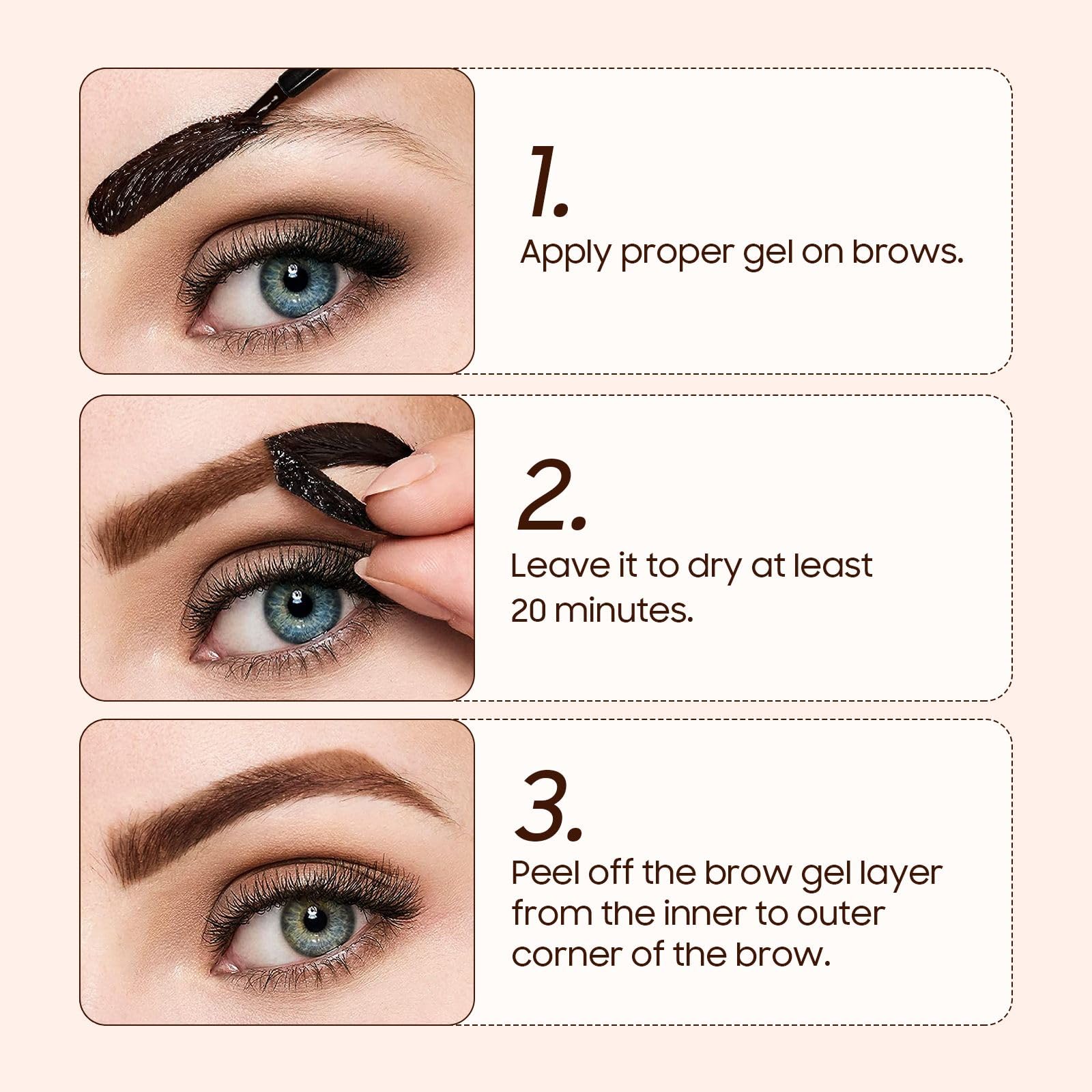 PMRXSETD Peel-off Tint reveals fuller brows after the set time.