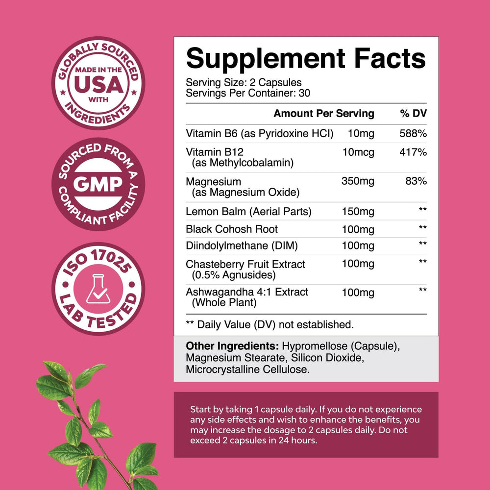 Label highlights DIM, Chasteberry, Black Cohosh and Ashwagandha