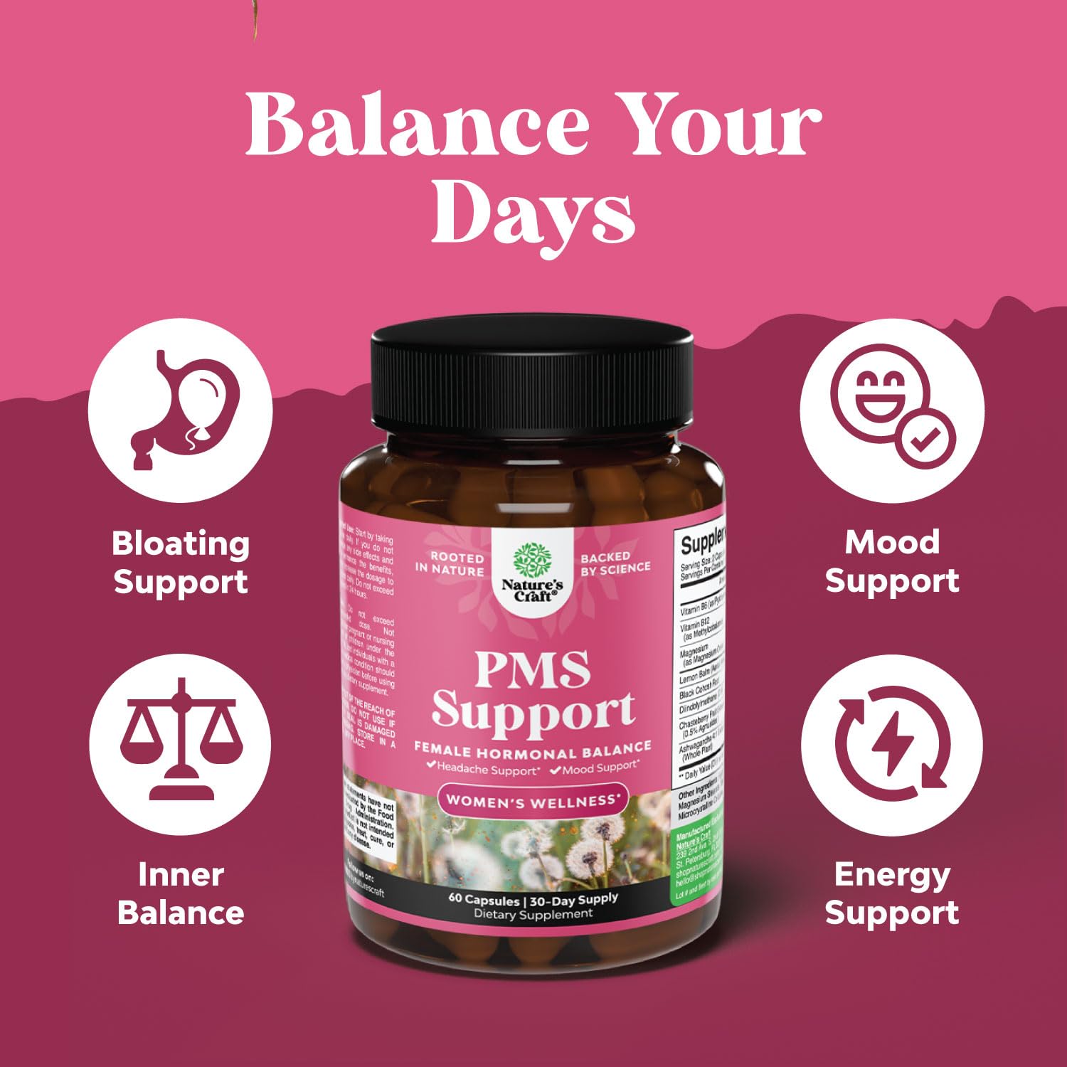 Supplement ingredients including Vitamin B6 and Lemon Balm Extract