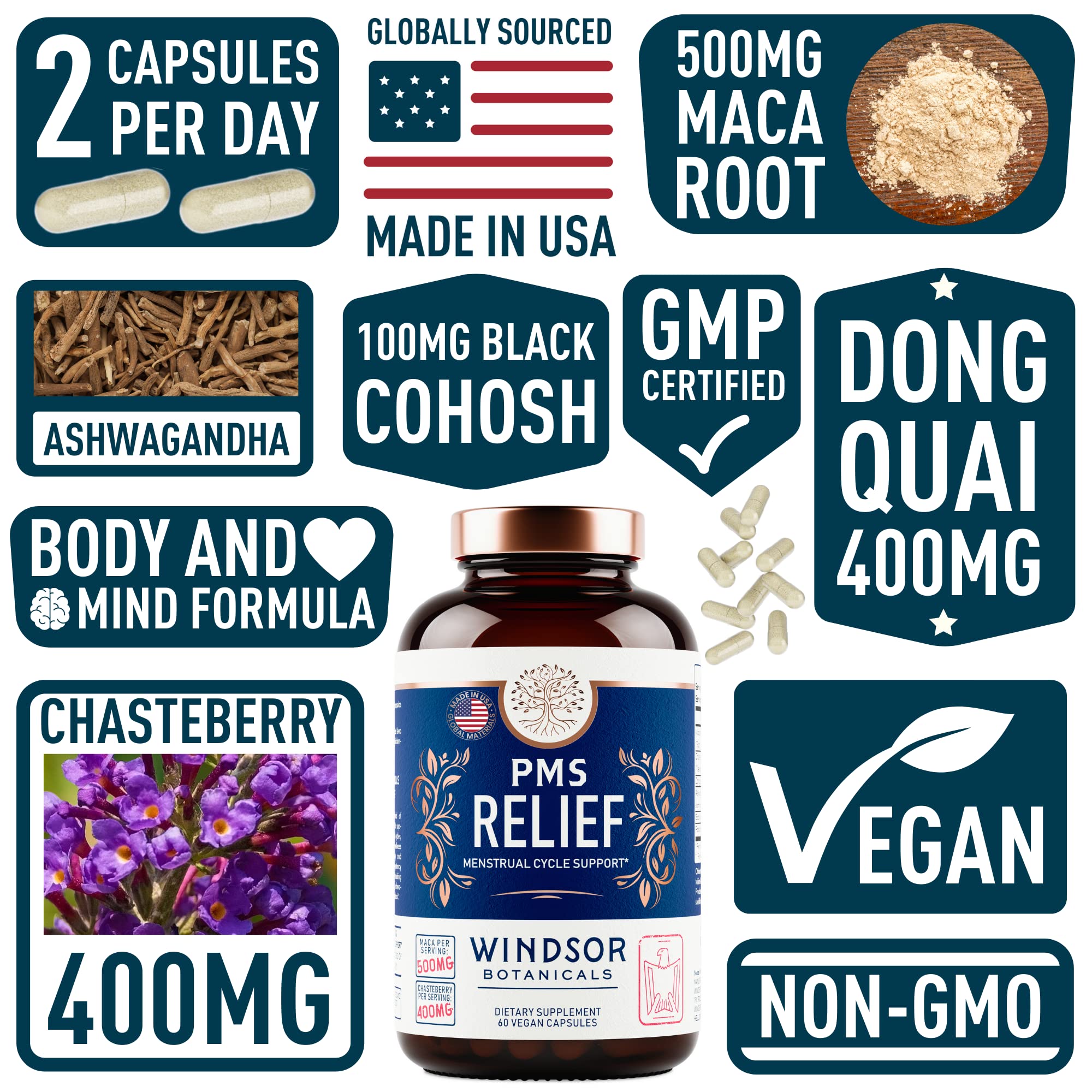 Close-up of herbal ingredients: chasteberry, maca root, ashwagandha