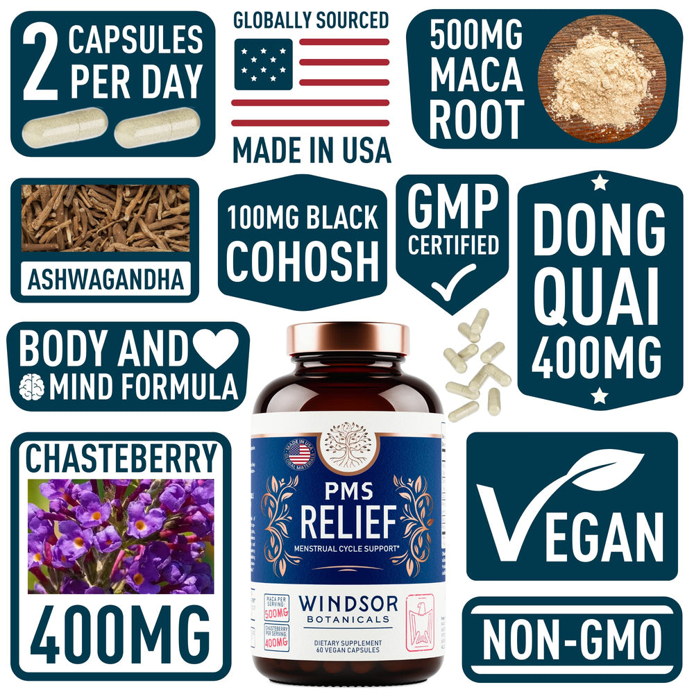 Close-up of herbal ingredients: chasteberry, maca root, ashwagandha