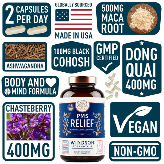 Close-up of herbal ingredients: chasteberry, maca root, ashwagandha