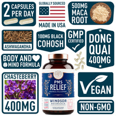 Close-up of herbal ingredients: chasteberry, maca root, ashwagandha