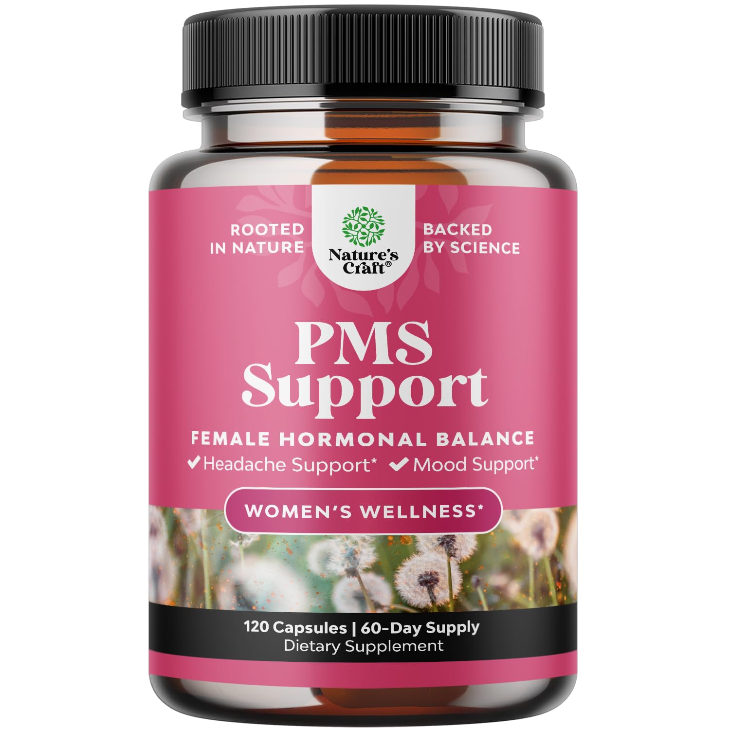 PMS support supplement bottle featuring DIM, chasteberry, ashwagandha and black cohosh
