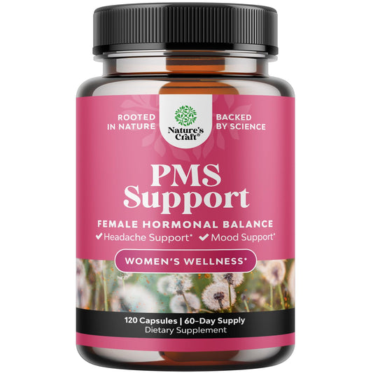 PMS support supplement bottle featuring DIM, chasteberry, ashwagandha and black cohosh