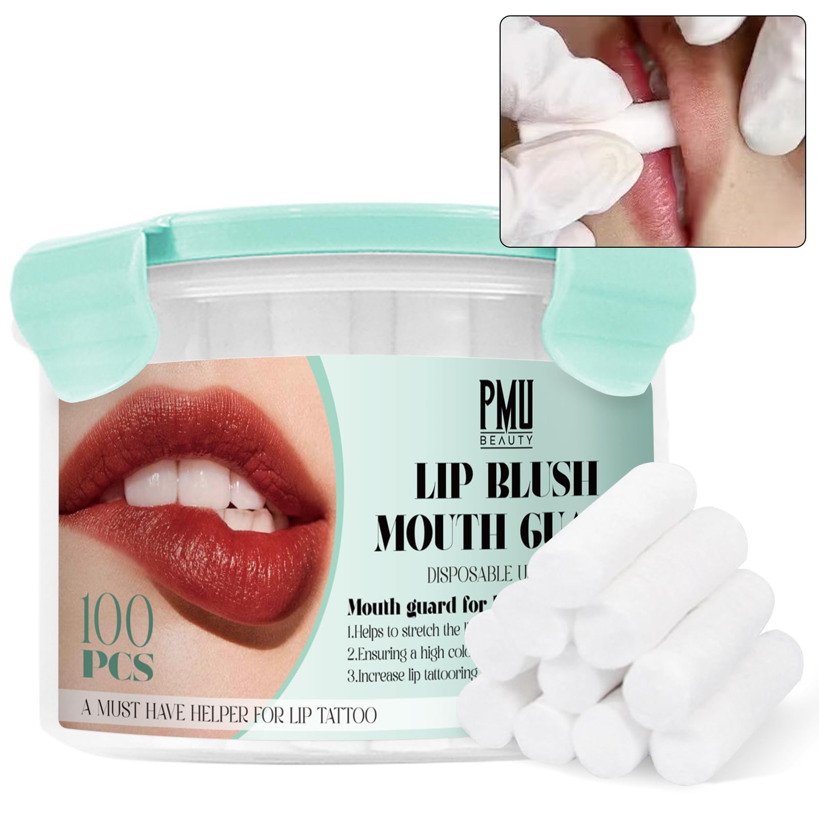 PMUBEAUTY cotton lip tattoo stretching stick 100pcs in a sealed pot supports clean use.