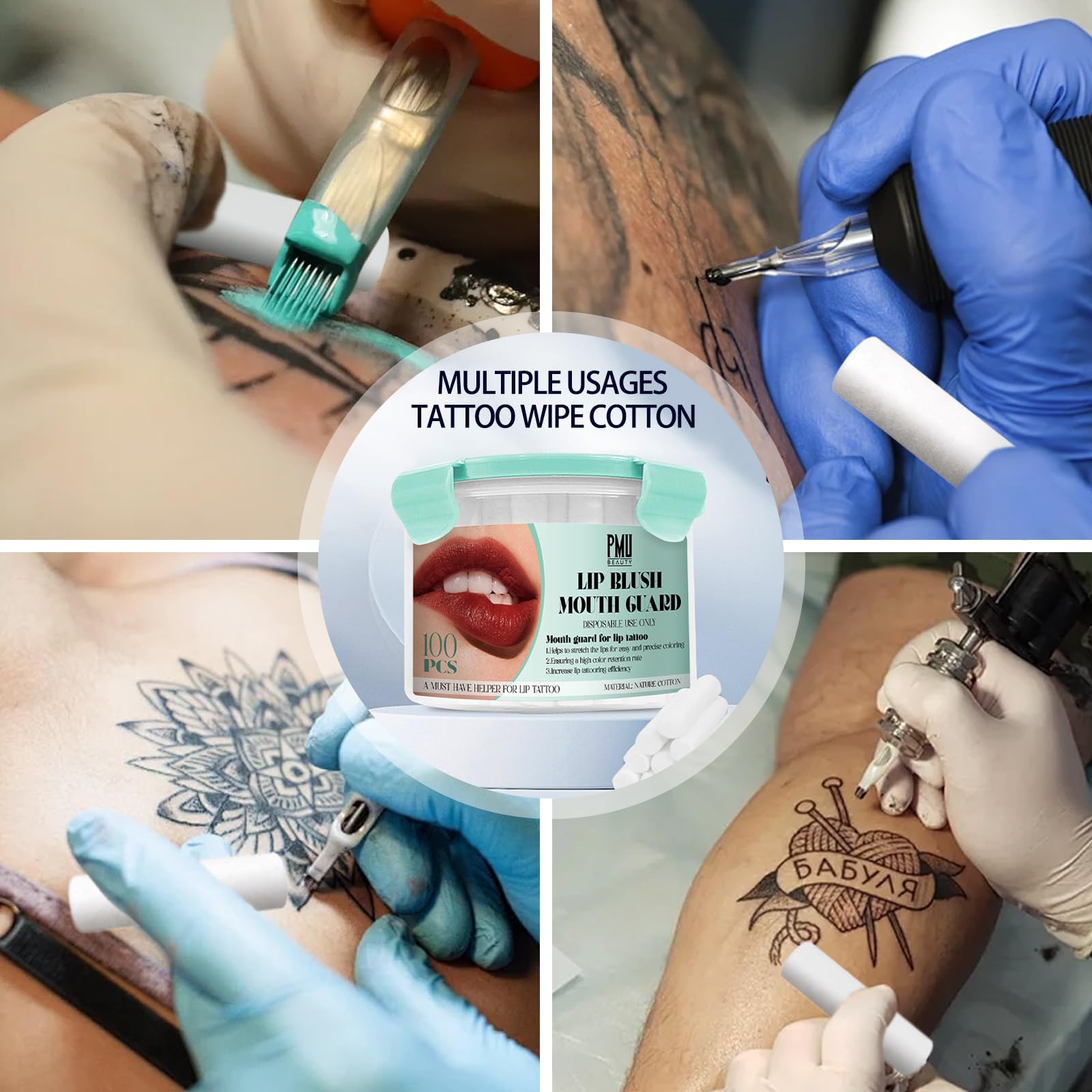 PMUBEAUTY no-shed cotton sticks enhance hygiene during lip tattooing.