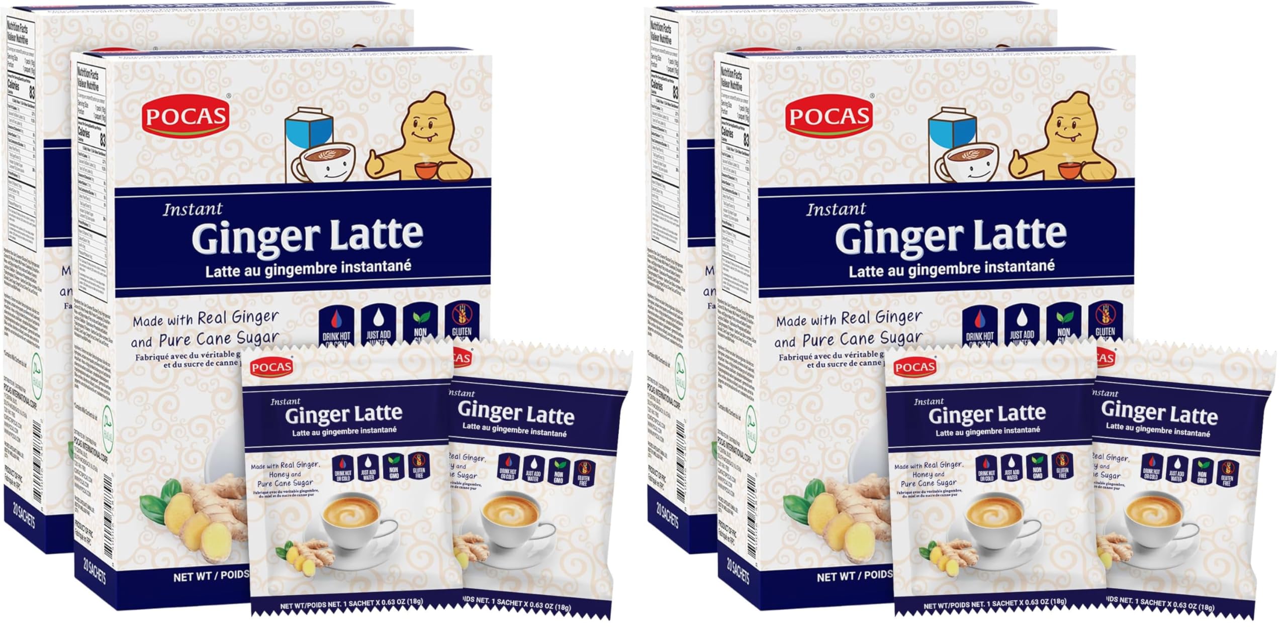 Front view of Pocas Ginger Latte Instant Tea 4-Pack box