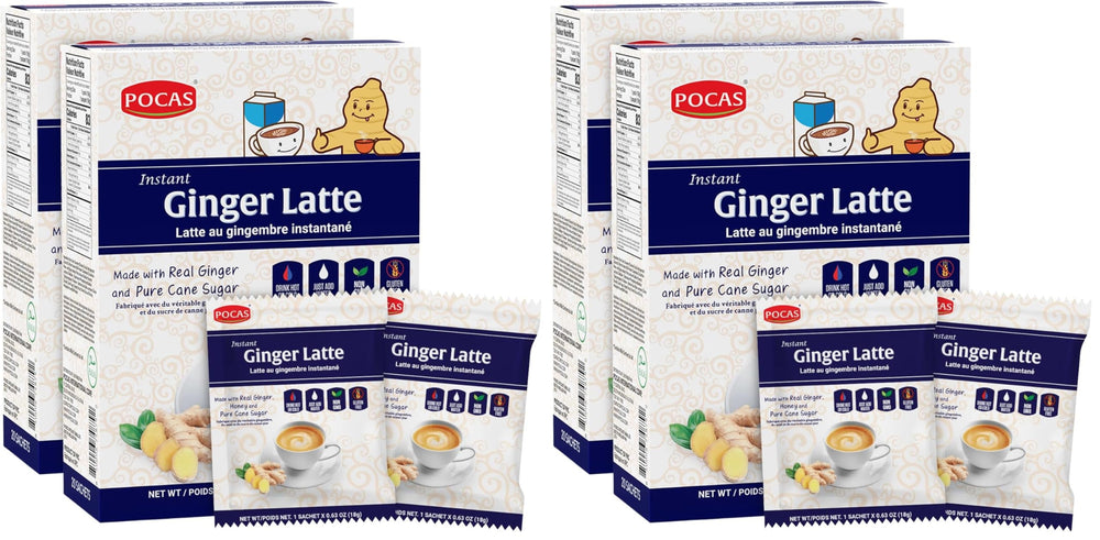 Front view of Pocas Ginger Latte Instant Tea 4-Pack box