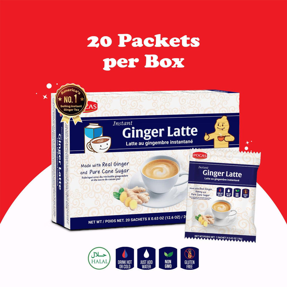 Close-up of the Pocas Ginger Latte box packaging