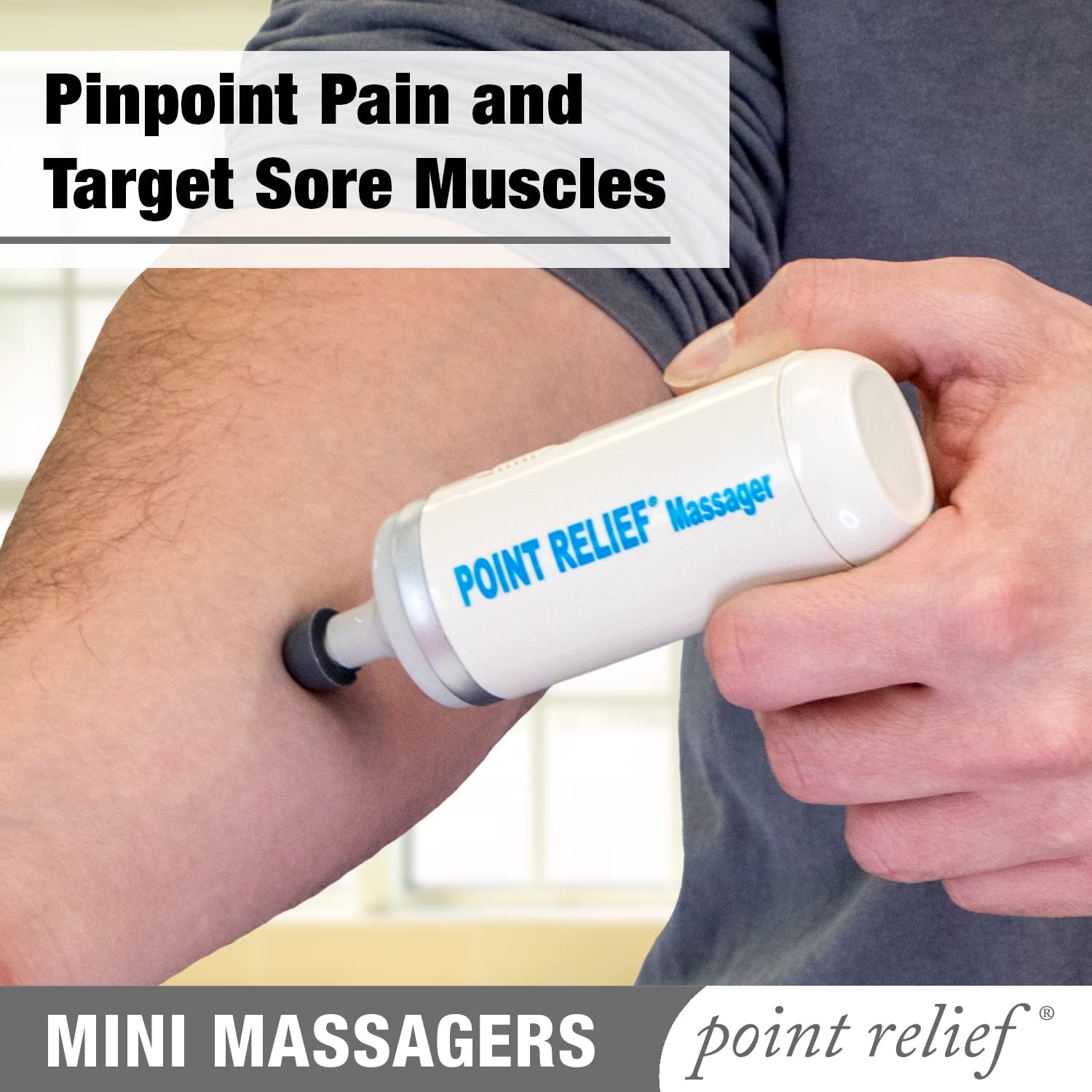Point Relief Mini-Massager with four heads attached for versatile relief options.