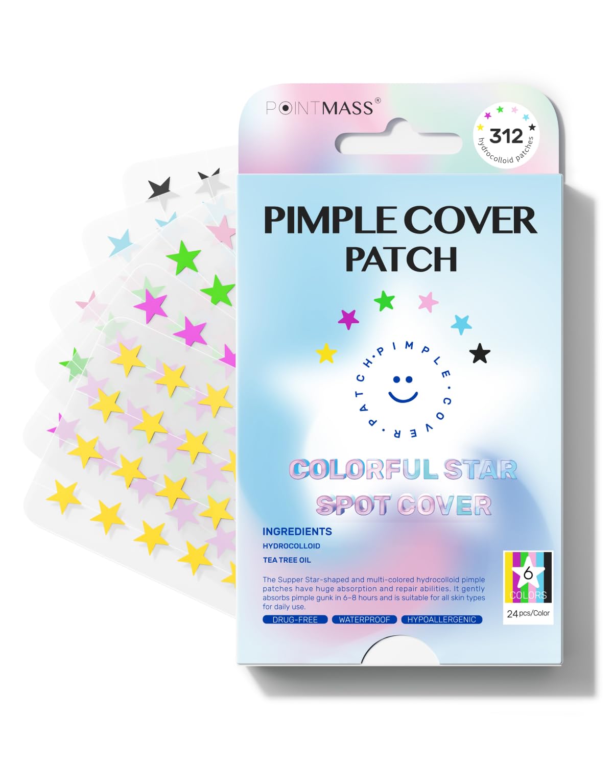 POINTMASS Star Patches packaging shows six color options for versatile use.