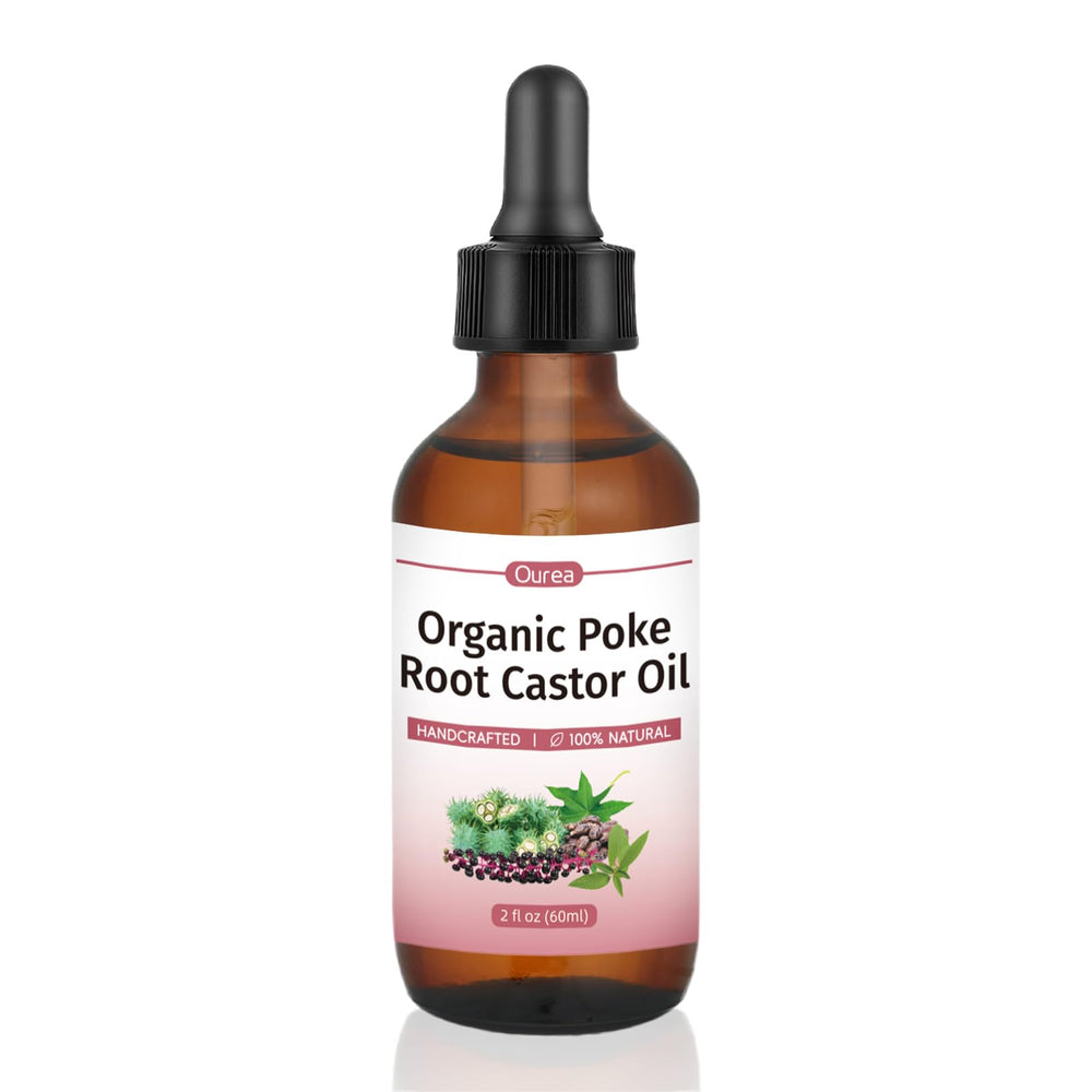Amber glass bottle with dropper of Organic Poke Root Castor Oil