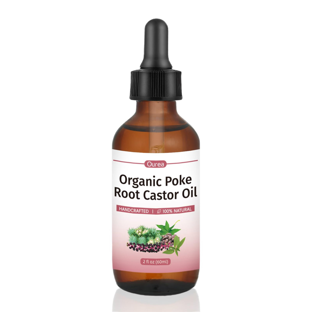 Amber glass bottle with dropper of Organic Poke Root Castor Oil
