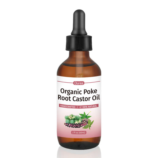 Amber glass bottle with dropper of Organic Poke Root Castor Oil
